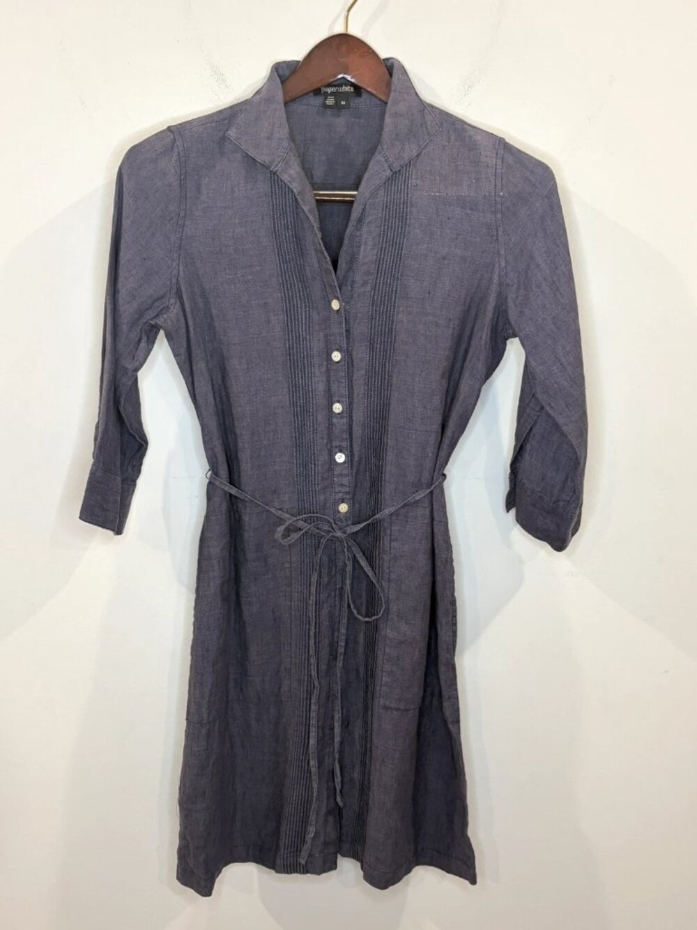 Paperwhite Pintuck Shirtdress Sz 4 100% Linen Blue Mini 3/4 Sleeve Coastal
